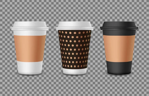 Kahve kâğıdı maketi. Kafe logosu için 3D plastik bardak. Şirket kimlik şablonu ayarlandı. Sıcak içecek için gerçekçi boş bir kap, izole edilmiş arka planda kapuçino. Beyaz, siyah vektör paketi