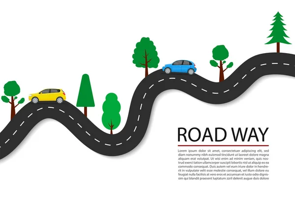 Arabalı Düz Yol Vektörü Yolculuk Için Ağaçlar Hızlı Ulaşım Için — Stok Vektör