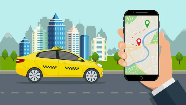 Servicio Taxi Con Teléfono Mano Fondo Urbano Plano Con Cabina — Vector de stock
