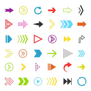 Hareket eden oklar simgesi. Yön için düz renkli çizgi işaretçisi. Web için navigasyon düğmesi için grafik renkli imleç şekli. Okların sembol koleksiyonu. Uygulamaya tıklamak için dijital çoklu form işareti