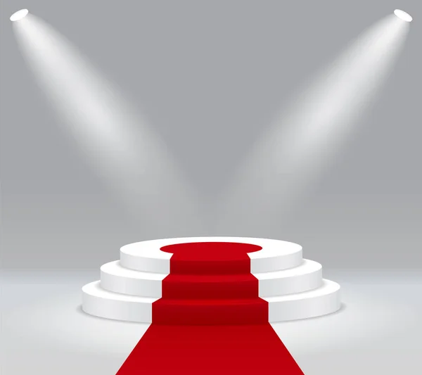 Vörös Szőnyeg Győztes Pódiumon Kerek Színpad Reflektorfényben Üres Lépcső Talapzat — Stock Vector