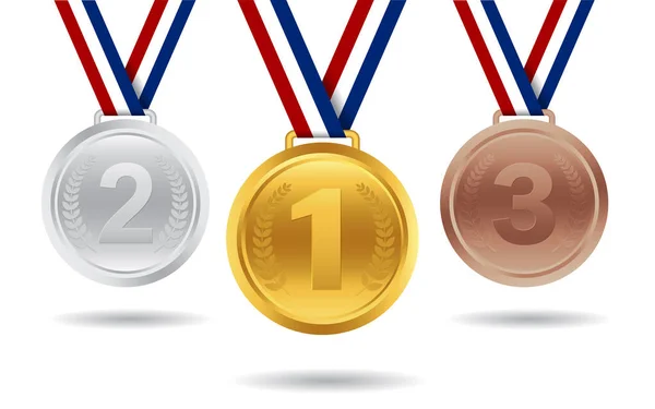 Набір Золотих Срібних Бронзових Медалей Церемонію Нагородження Спортивний Приз Перше — стоковий вектор