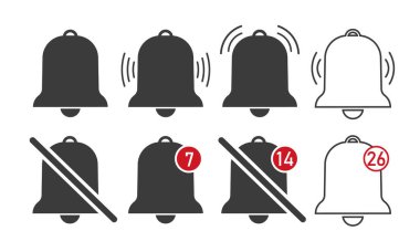 Vektör çan simgesi. Telefon için bildiri seti. Uri 'ye akıllı telefondaki mesajı hatırlatıyorlar. Yeni uyarı logosu düz stil. Orman zili ile ana hatlı dikkat işareti. Uyarı sinyali, gelen kutusu çağrı düğmesi