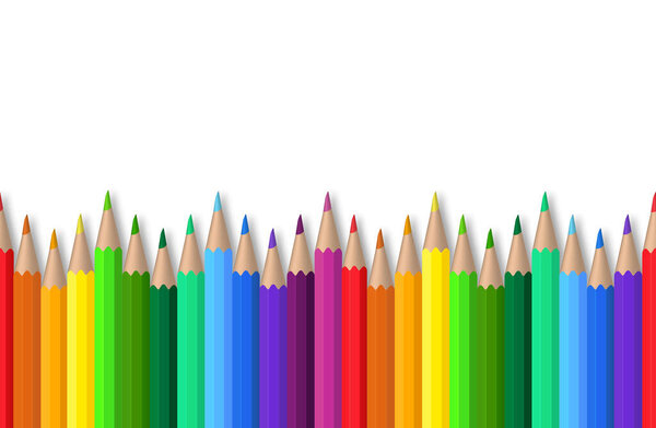 Бесшовные цветные карандаши на белом фоне. Красный, синий, зеленый, желтый деревянный карандаш для школьного образования. Коллекция инструментов для рисования. Реалистичный набор карандашей для детского сада. векторная иллюстрация
