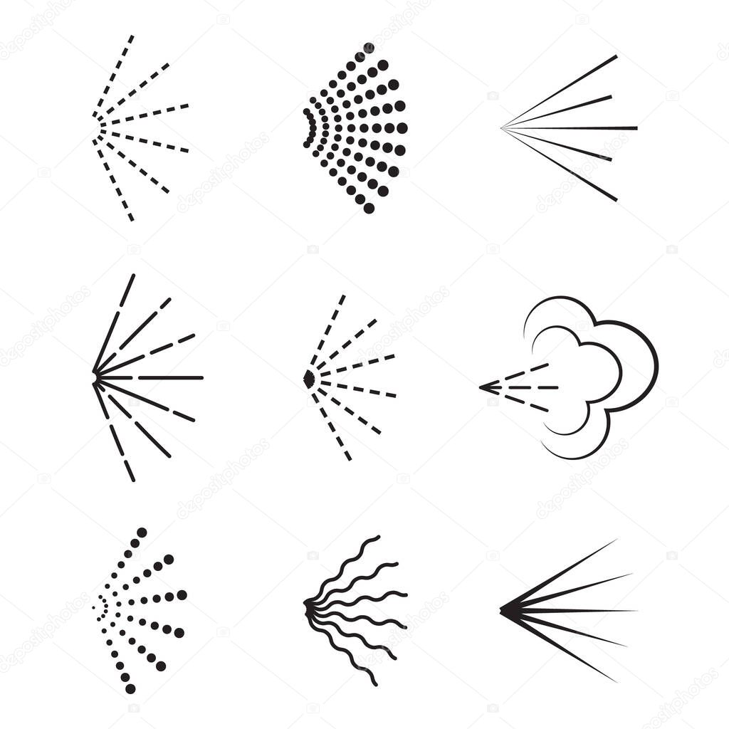 Vector spray icon. Set of deodorant or aerosol spray on isolated background. Aromatic stream from bottle. Air sprayer logo for hair. Perfume fragrance. Lines rays from diffuser.