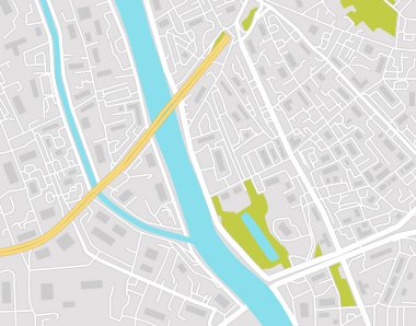 Gri arka planda şehir caddesinin vektör haritası. GPS navigasyon için grafik şehir merkezi. Seyahatte konum için üst görüşe sahip basit bir soyut kasaba. Şehir merkezi kesişim şablonu güzergah için yer ile.