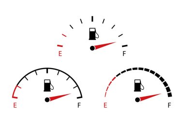 Vektör yakıt göstergesi simgesi. Beyaz arka plandaki gösterge paneli için tam gaz ya da benzin göstergesi. Otomatik aramada dizel seviyesinin ölçümü. Otomobilde kontrol için benzin paneli tasarla