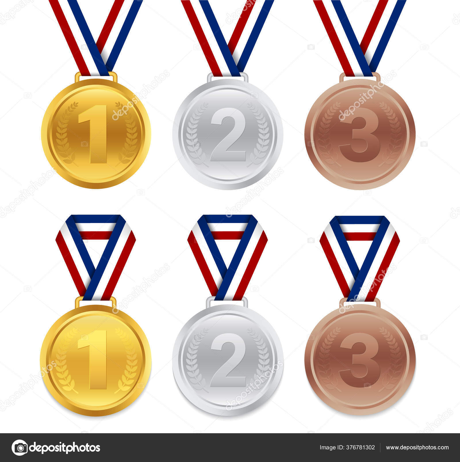 Golden Award Sport Medal For Winners With Blue Ribbon Stock