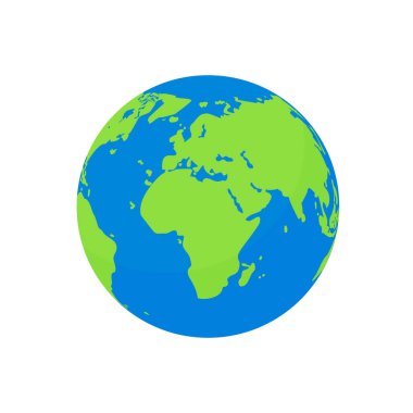 Düz dünya izole edildi. Avrupa kıtasına, Amerika 'ya ve mavi okyanusa sahip karikatür gezegeni. Ekoloji konsepti. Çember kürede doğa coğrafyası. Seyahat için basit bir harita. Yeşil Dünya. vektör