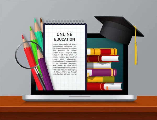 Learning Uniwersytecie Edukacja Online Szkole Ekranie Laptopa Ebook Wiedzy Ołówki — Wektor stockowy