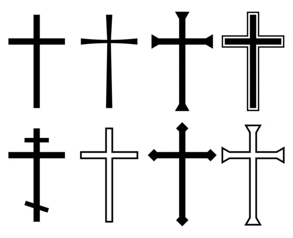 Din haçı sembolü. Hıristiyan siyah simgeleri koleksiyonu. Silüet elementini çapraz yapar. Kilise logosu için farklı haçlar. vektör illüstrasyonu