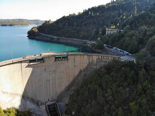 Foto Aerea Drone Del Lago Plastiras Damof Marathon Marathonas Trikala — Foto Stock