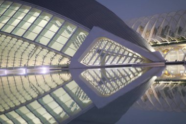 Bilim Müzesi Prens Felipe, Sanat ve Bilim Şehri 'nin Modern Mimarisi Valencia İspanya' ya akşam üzeri su dolu güzel bir gökyüzü yaklaşıyor ve binadan büyük bir ışık geliyor.