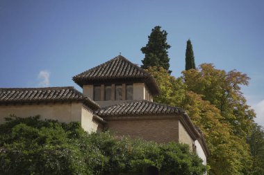 Granada Alhambra geleneksel İspanyol binası, kale, saray, kale, bahçe ve çeşmeli kale