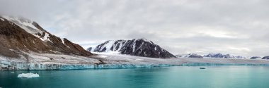 Kanada 'nın Nunavut bölgesindeki Qikiqtaaluk Bölgesi' nin bir parçası olan Ellesmere Adası 'ndaki bir buzulun ve dağların manzarası.