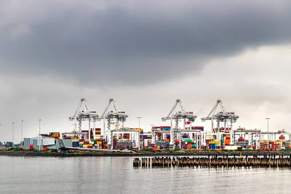 Vista de las grúas y contenedores marítimos en Port Phillips, Princess pier, Melbourne, Australia — Foto de Stock