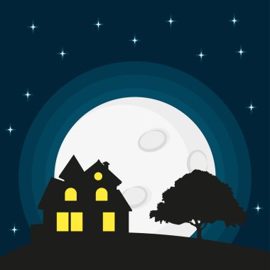 Gece ay ve ev silueti Düz bir ağaçla