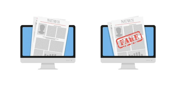 Set computer newspaper fake on a white background, flat — Stock Vector