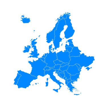 Düz arkaplanda mavi Avrupa haritası