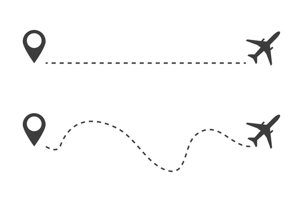 Trayectoria del avión con icono de ubicación sobre fondo blanco, vector — Vector de stock