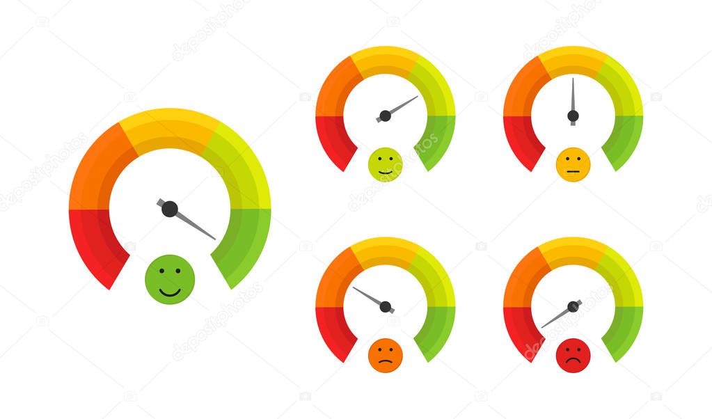 good quality, smile face, color speedometer set in flat style, vector