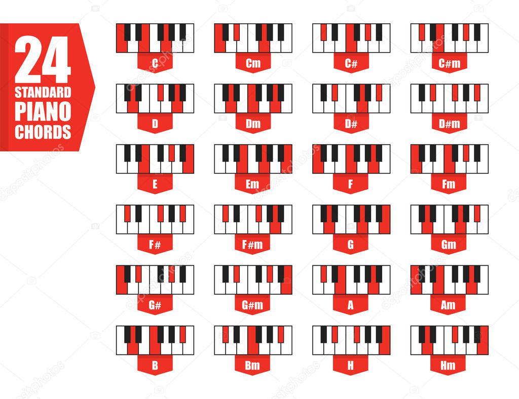 set 24 standard piano chords, flat vector illustration concept