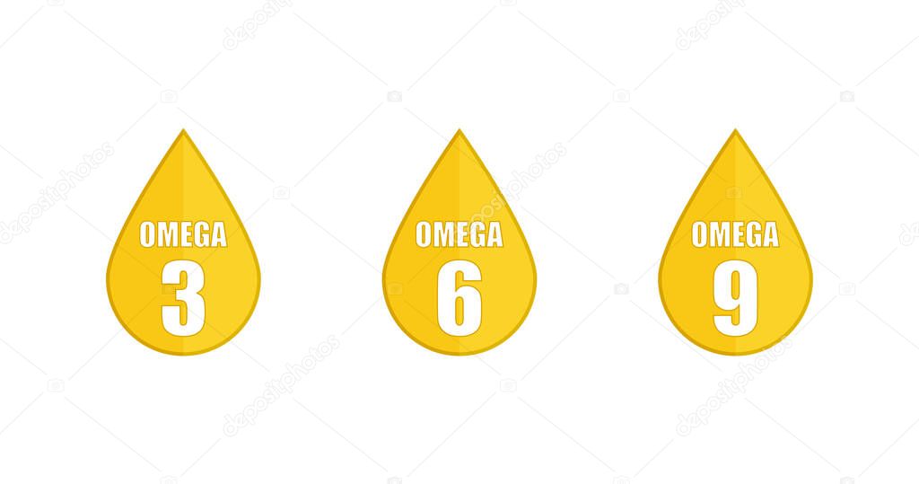 Yellow drop set icons Omega 3 6 9 on white backdrop in flat style. Vector 
