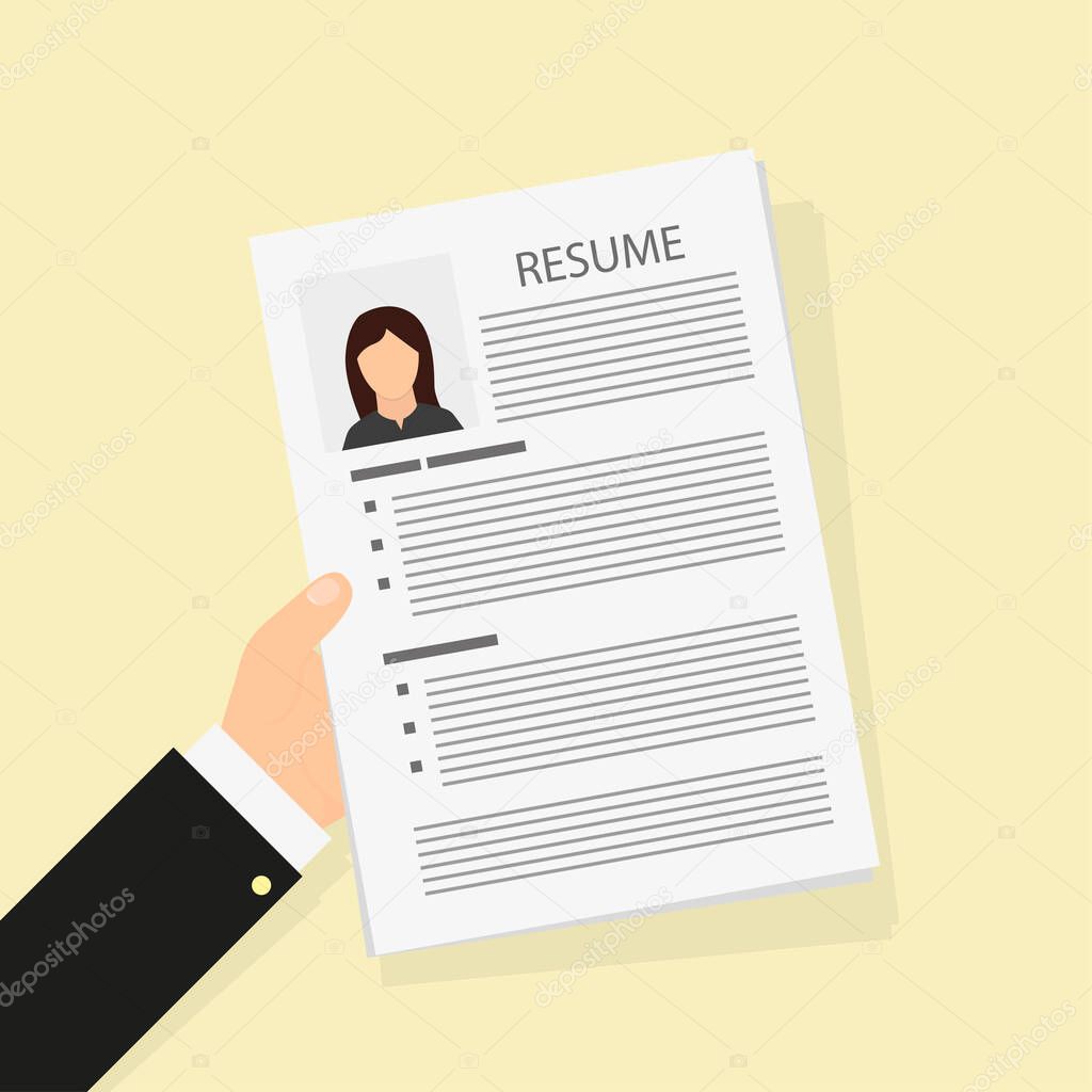 Flat resume in hand, work business document, vector illustration