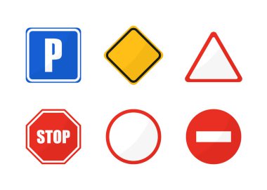 Yol işareti beyaz arkaplanda düz simge oluşturuldu. Vektör izole edildi