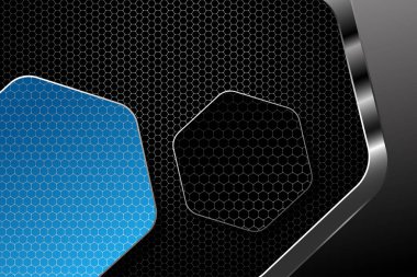 Altıgen mavi ve koyu gri şekilli ve metal kenarlıklı altıgen eğimli beyaz ve gri ağ arkaplan.