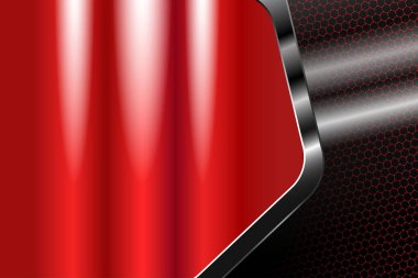 Altıgen gradyan kırmızı ağ arka planı üç ışık kaynağı ve iş için ışıltılı metal çerçeve.