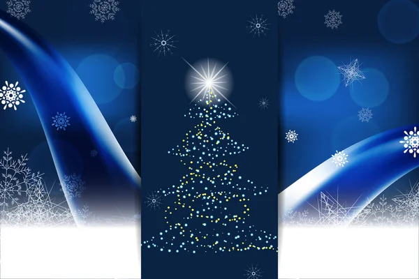 Abstrakt mörkblå bred affisch med ficka i centrum, julgran, vågor och snöflingor för gott nytt år och jul. — Stockfoto