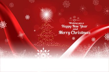 Size Mutlu Noeller ve soyut kırmızı arka plan diliyoruz. Ortasında Noel ağacı, dalgalar ve kar taneleri var..