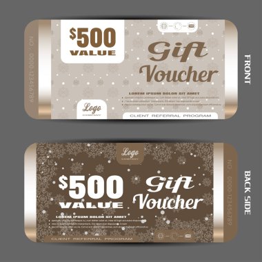 Kahverengi gradyan arkaplanda kar tanesi desenli ve kar yağışlı yeni yıl hediye çeki.