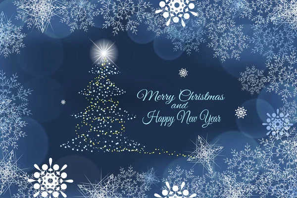 Вектор Счастливого Рождества и Нового года абстрактный синий фон с рождественской елкой в центре и снежинками . — стоковый вектор