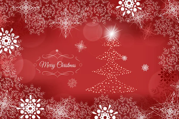 Διάνυσμα Καλά Χριστούγεννα και Ευτυχισμένο το Νέο Έτος αφηρημένο κόκκινο φόντο με χριστουγεννιάτικο δέντρο στο κέντρο και νιφάδες χιονιού. — Διανυσματικό Αρχείο