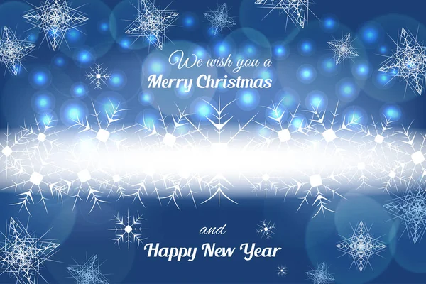 Vektör Mutlu Noeller diliyoruz ve yeni yılınız kutlu olsun. Işıklı ve kar taneli soyut mavi arka plan.. — Stok Vektör