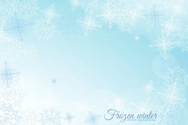 Vector Frozen winter abstract light blue background with radiance and snowflakes. — Stock Vector