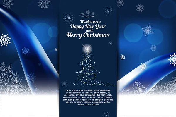 Size mutlu yıllar ve soyut koyu mavi posterli Noel ağacı, dalga ve kar taneleriyle mutlu yıllar diliyor.. — Stok Vektör