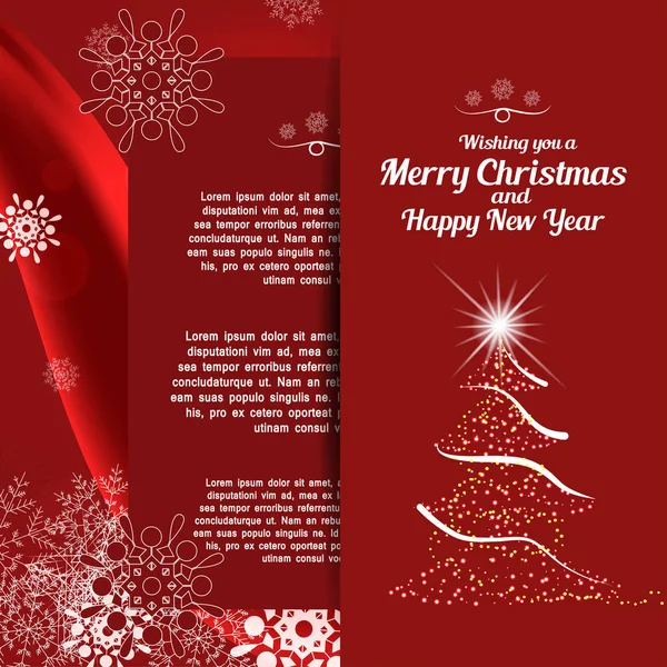 Vector greetings card of Wishing you a Merry Christmas and Happy New Year on the abstract red background with christmas tree, waves, snowflakes and insert. — Stock Vector