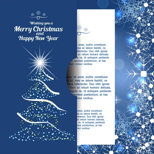 Векторная иллюстрация конверта поздравления с елкой и вставки на Рождество и Новый год на абстрактном синем фоне с сиянием и снежинками . — стоковый вектор