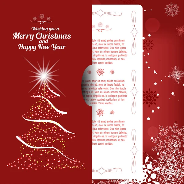 Kutlama zarfının temsili Noel ağacı ve soyut kırmızı arka planda mutlu noeller ve mutlu yeni yıllar için ışık ve kar taneleriyle birlikte eklenir.. — Stok Vektör