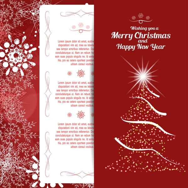 Kutlama zarfına yılbaşı ağacı iliştirin ve soyut kırmızı arka planda parlak ve kar taneleriyle Mutlu Noeller ve Mutlu Yıllar 'ı ekleyin. — Stok Vektör
