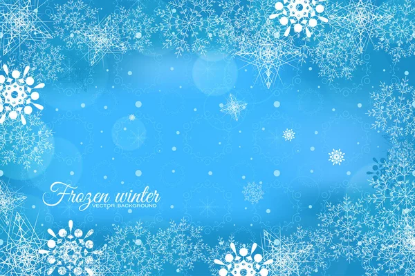 Vektor abstrakt blå bakgrund med mönster, snöflingor och snöfall. — Stock vektor