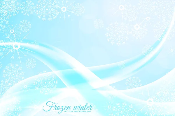 Vektor abstrakt ljusblå bakgrund med vågor, snöflingor och snöfall. — Stock vektor