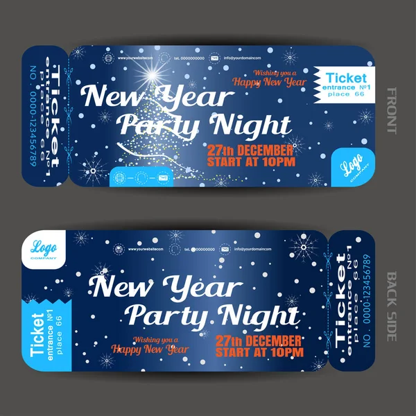 Διάνυσμα Πρωτοχρονιάτικο βραδινό εισιτήριο στο σκούρο μπλε φόντο κλίση με χριστουγεννιάτικο δέντρο, νιφάδες χιονιού και χιονόπτωση. — Διανυσματικό Αρχείο