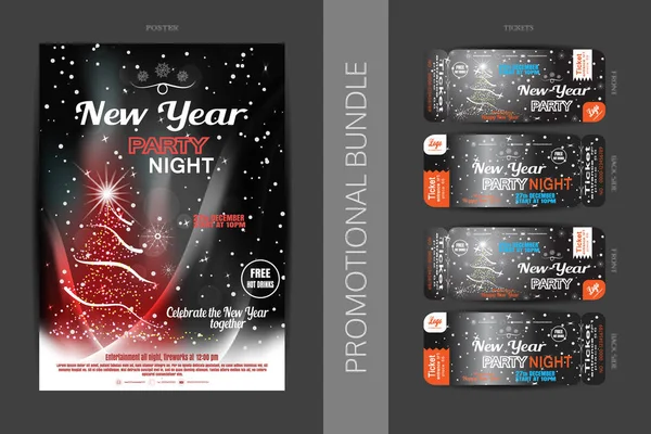 Διάνυσμα Πρωτοχρονιάτικο πάρτι προωθητικό πακέτο αφίσας και εισιτηρίων στο σκούρο γκρι φόντο κλίση με χριστουγεννιάτικο δέντρο, νιφάδες χιονιού και χιονόπτωση. — Διανυσματικό Αρχείο