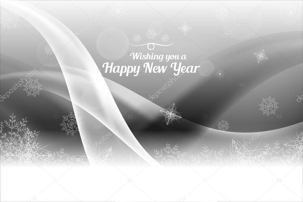 Vector illustration of We wish you a Happy New Year on the abstract gray background with light and dark wave and snowflakes.