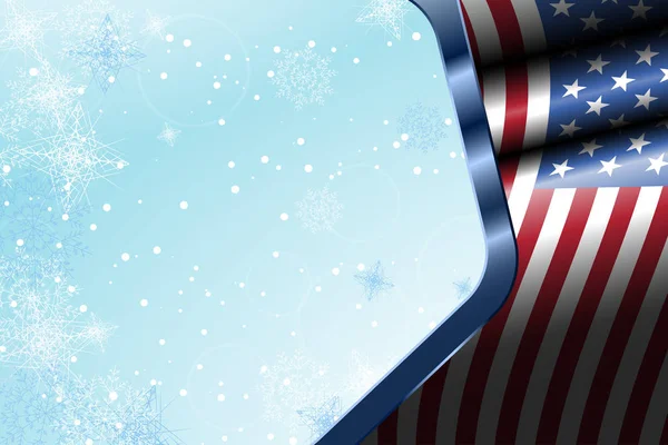 Ilustración de amplio gradiente de vacaciones fondo azul claro con bandera ondeante, copos de nieve y marco de metal con bandera americana . — Foto de Stock