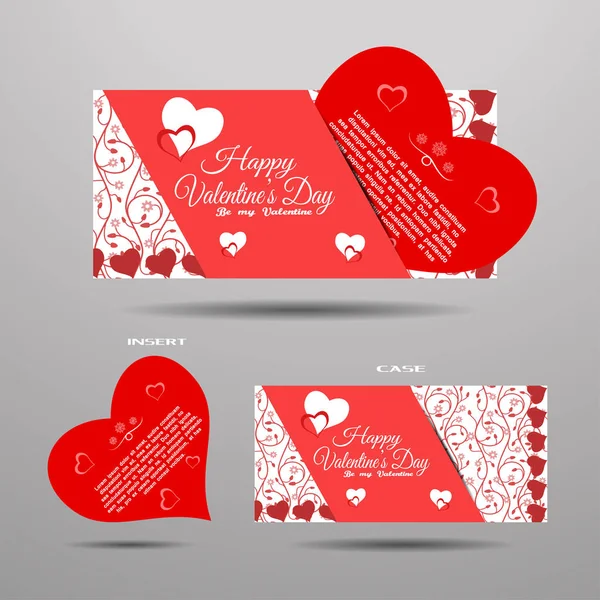 Vector set of greeting card for Valentine 's Day με ένθετο και κόκκινο floral σχέδιο στο γκρι φόντο. — Διανυσματικό Αρχείο